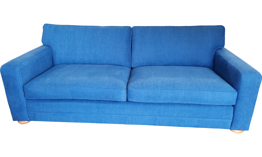 A blue 3-seater deep seat sofa with wide arms and low feet.