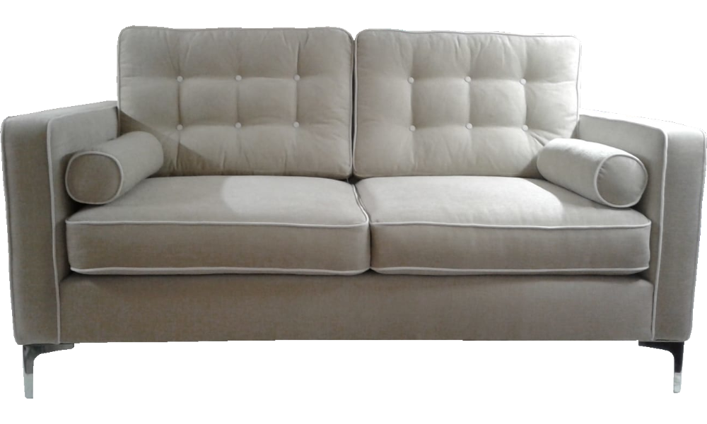A beige 2-seater button back sofa with removable cushions.