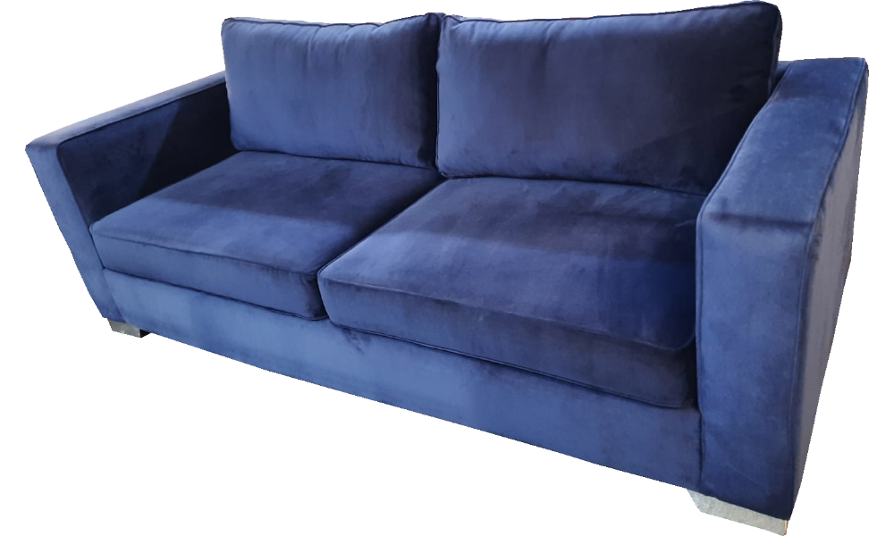 A blue 3-seater sofa with piped arms and cushions and metal feet.