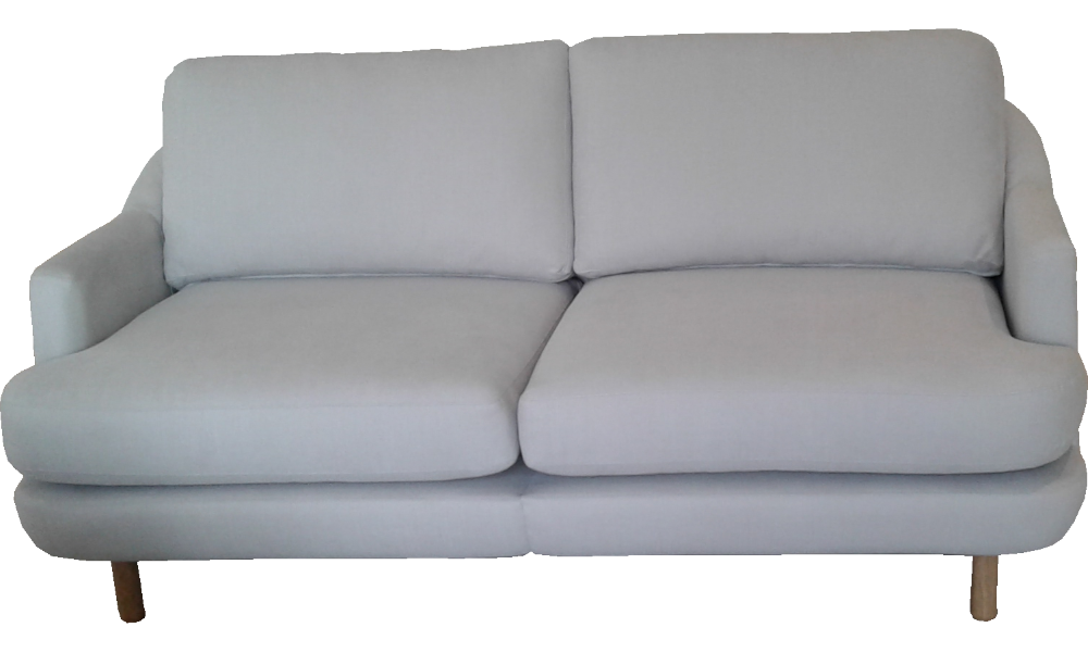 A grey 2-seater sofa with all round edges and narrow arms.