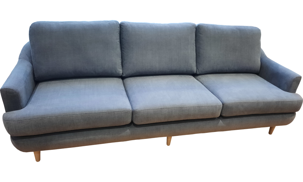 A grey 3-seater sofa with all round edges and narrow arms.