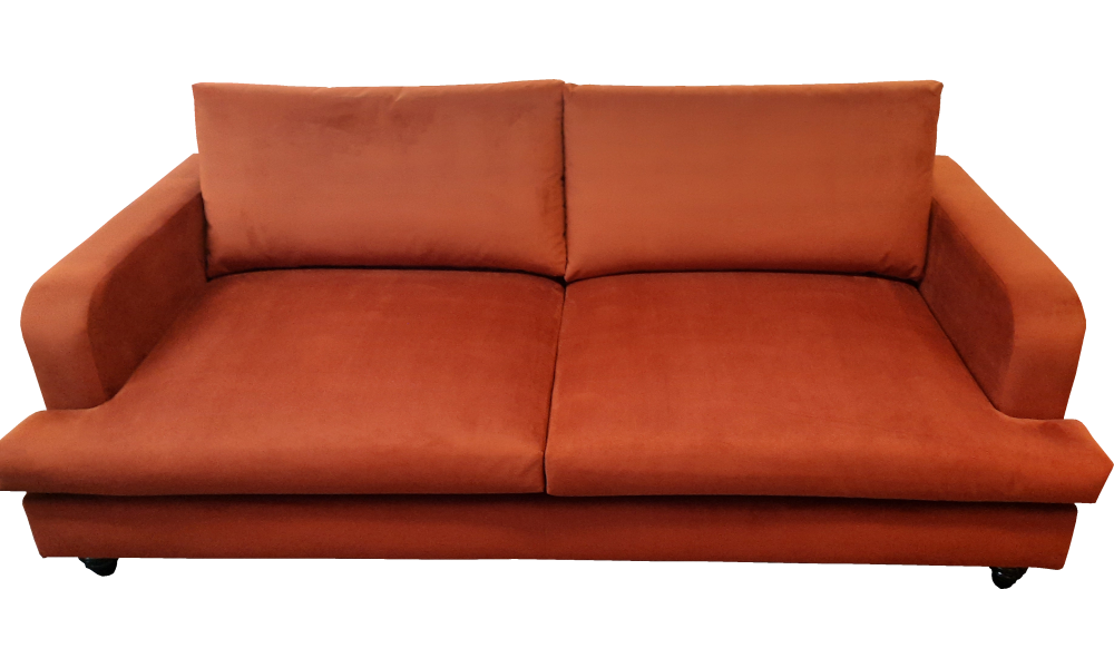 A copper 2-seater sofa with L-shaped seat cushions and rounded arms.