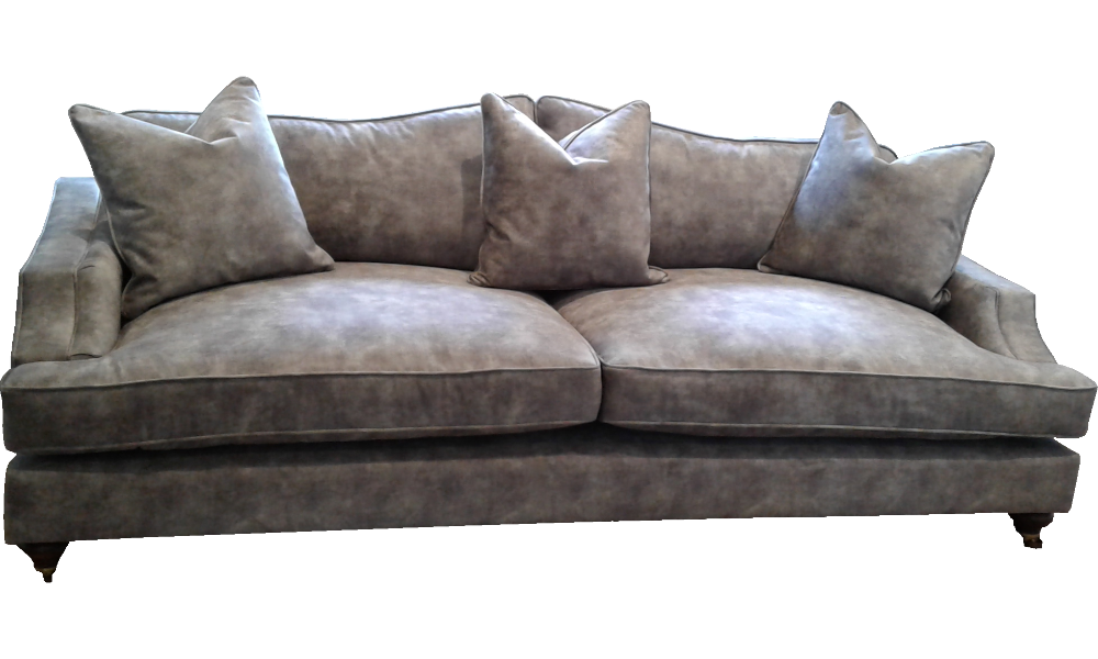 A grey 3-seater sofa with shaped arms and double piping.