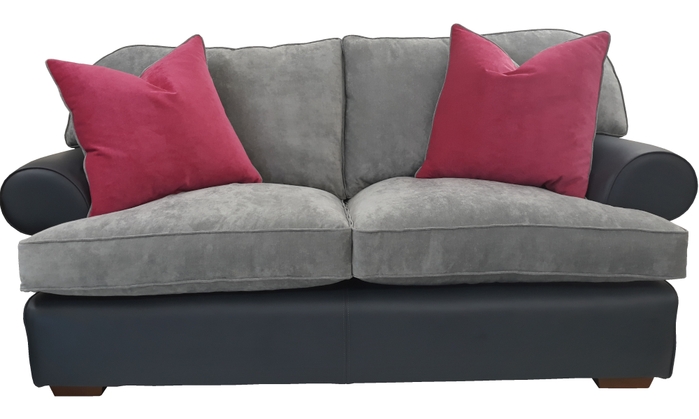 A dark grey, scroll arm leather 3-seater sofa with removable seat and back in fabric.
