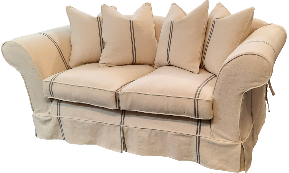 A removable cover 2-seater sofa with scroll arms and feather cushions.