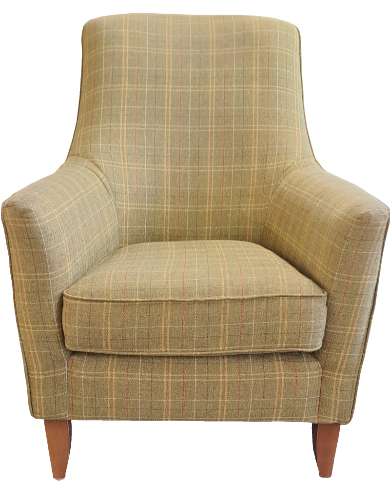 A tall back, faded olive armchair.