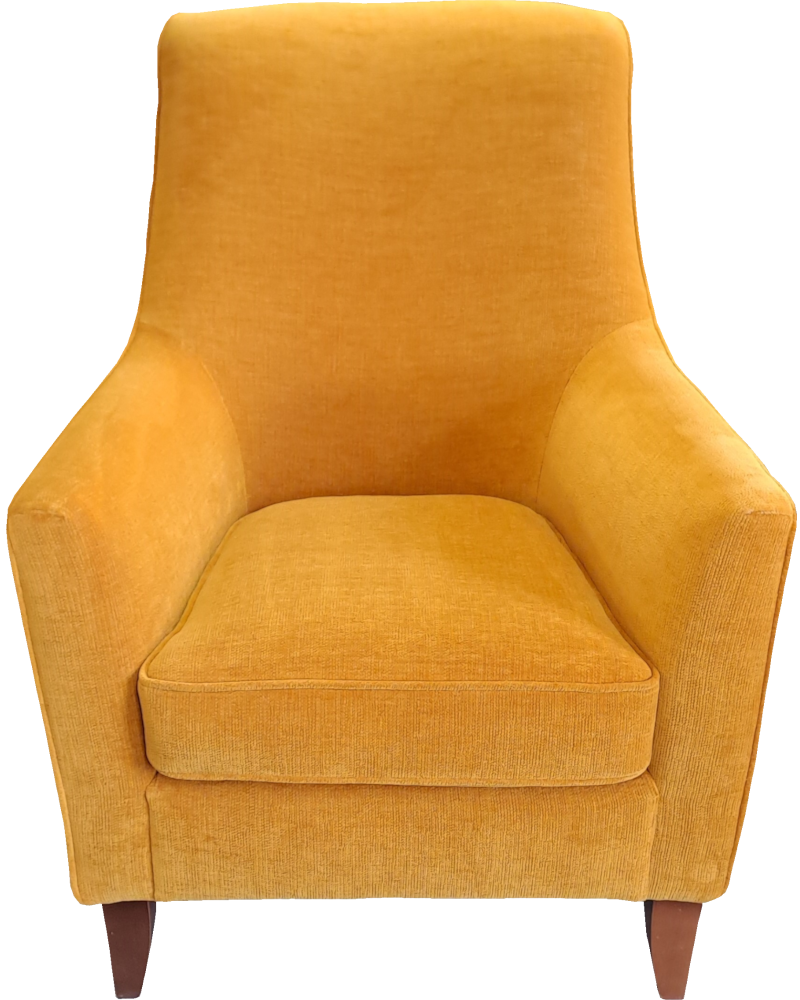 The same armchair re-upholstered in a yellow fabric.